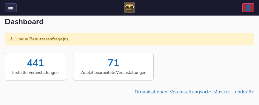 Admin-Dashboard mit Hinweis