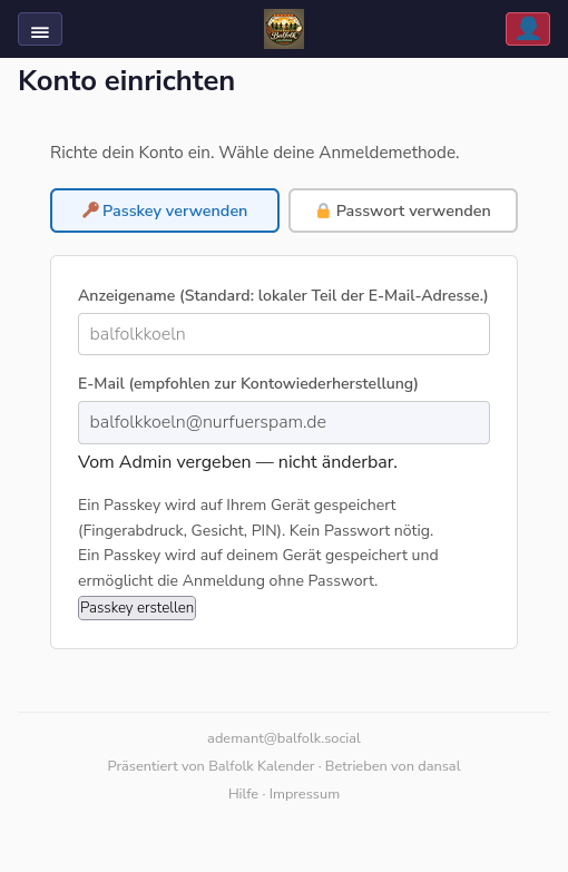 Konto einrichten – Passkey