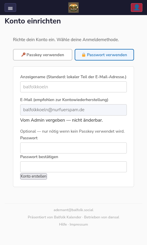 Konto einrichten – Passwort