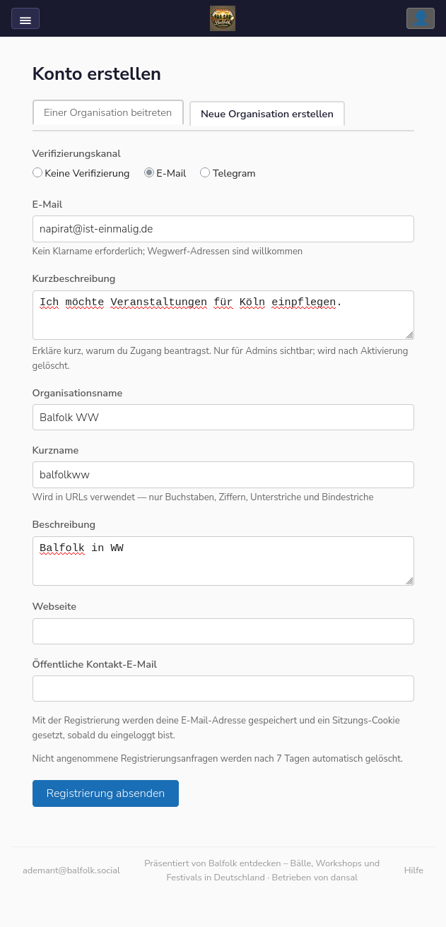 Formular – Neue Organisation